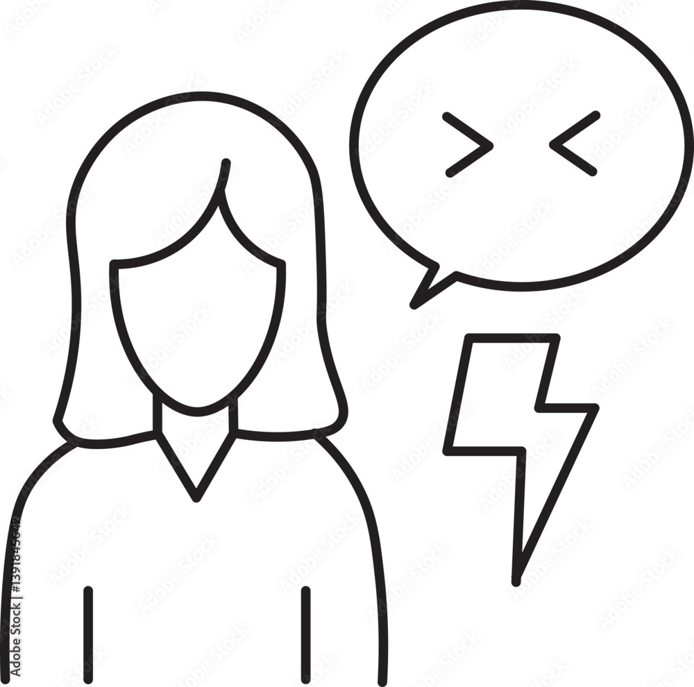 Poster line art illustration of person with speech bubble and lightning bolt, symbolizing anger or frustrat