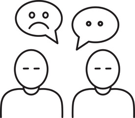 Two simple line drawn figures are depicted, one with sad face in speech bubble and other with neutral expression. This illustration conveys concept of communication or emotional exchange