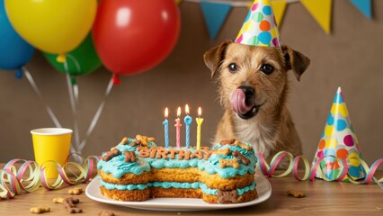 A dog with a party hat celebrates their birthday with a bone-shaped cake.