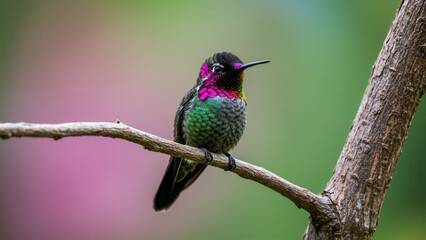Fototapeta premium A vibrant hummingbird rests on a branch, displaying its iridescent feathers.