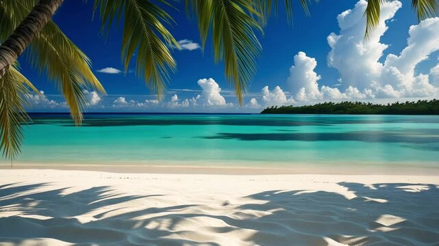 Beautiful Tropical Beach with White Sand, Palm Trees, Blue Sky, and Turquoise Ocean in Summer Vacation Paradise Island Landscape