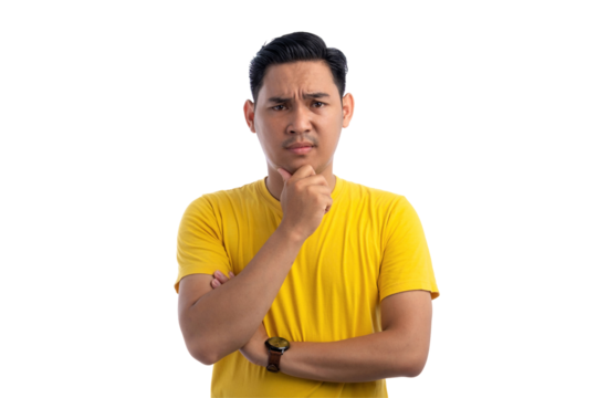 Handsome Asian man holding his chin, looking at the camera with suspicion expression isolated on transparent background