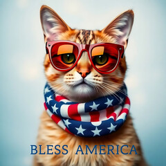 Fourth of July cat with American flag accessories and Bless America' message Created by Generative AI