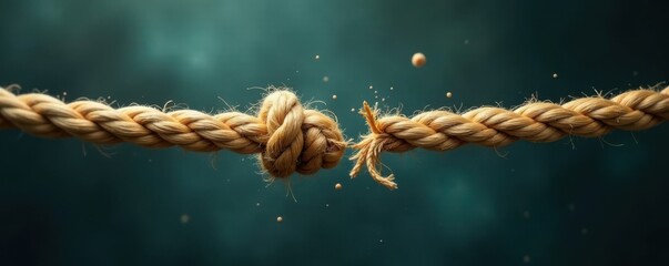 Broken rope suspended in mid-air, frayed ends exposed, endurance, damage