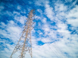 High voltage pole electric wiring distribution landscape energy engineering. Electricity energetic...