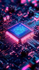 Obraz premium Close up View of a Glowing Microchip on a Circuit Board