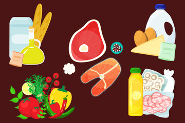 Groups of food and drink groceries products laying on the wooden background, meat and fish, dairy with eggs, vegetables, snacks and bakery. Healthy eating concept.