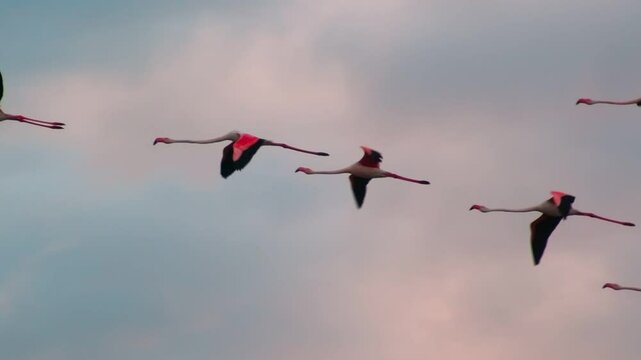 A breathtaking slow motion video of flamingos gracefully flying in formation across a vibrant sunset sky, evoking peace and natural beauty