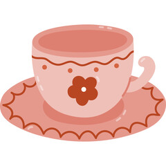 Lovely cartoon coffee cup with saucer and flowery ornament for tea party, afternoon relax. Childish hand drawn tea service element as sign of tea ceremony of England, UK, China isolated on background.