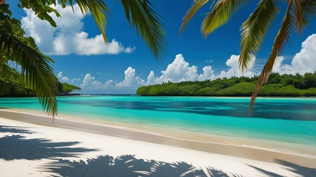 Beautiful Tropical Beach with White Sand, Palm Trees, Blue Sky, and Turquoise Ocean in Summer Vacation Paradise Island Landscape