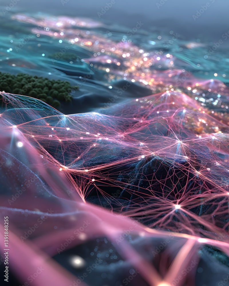 Poster machine learning prediction map pulsing across a neural field, llm integration in progress, futurist