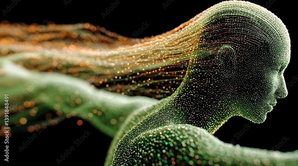 Poster tokenization process visualized as flowing digital particles, large language model segmenting inputs