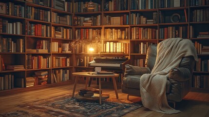 Cozy Modern Living Room with Floor-to-Ceiling Bookshelves and Warm Lighting Creating an Inviting Atmosphere for Relaxation and Reading