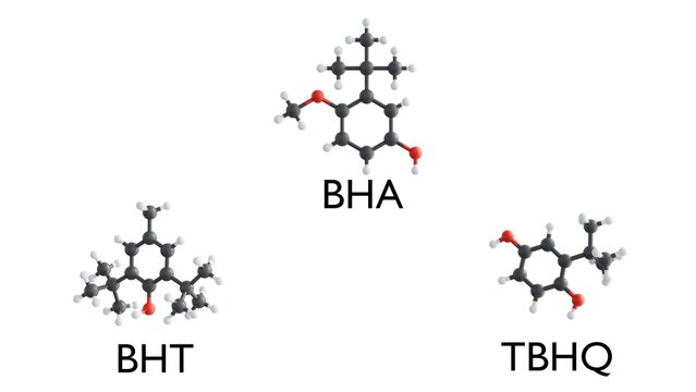 A 3d rendering of molecular structures of antioxidant food additives: Butylated Hydroxyanisole (BHA), Butylated Hydroxytoluene (BHT), and Tertiary Butylhydroquinone (TBHQ).