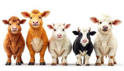 Fototapeta premium Farm animals standing in a row on white background isolated , farm, animal collection