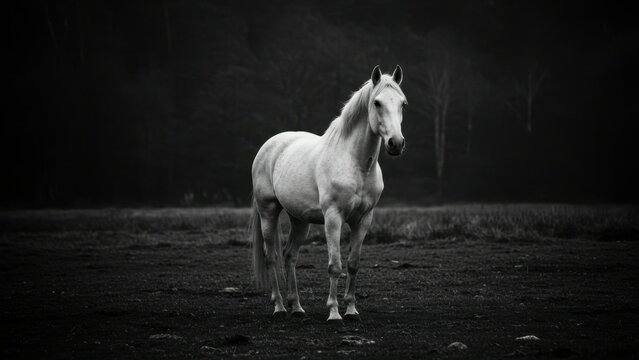 Dramatic black and white shot of a majestic white horse in a dark field. - Powered by Adobe