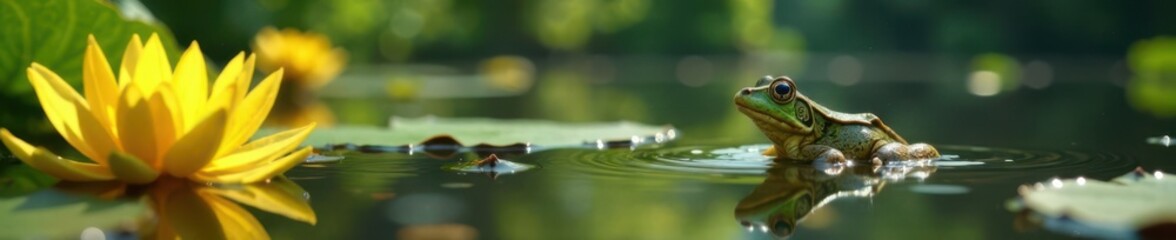 Fototapeta premium Frog swimming in a pond with water lilies and sunflowers, relaxation, wildlife