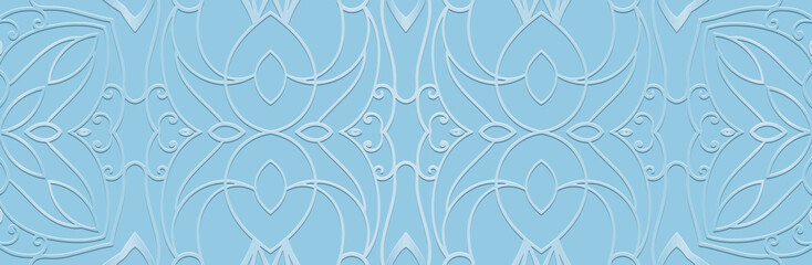 Banner, cover design. Geometric ethnic openwork 3D pattern on a light blue background, embossing. Ornaments, arabesques, mandala, painting of the East, Asia, India, Mexico, Aztec, Peru.