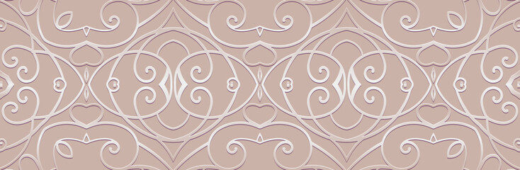 Banner, cover design. Geometric ethnic openwork 3D pattern on a light background, embossing. Ornaments, arabesques, mandala, painting of the East, Asia, India, Mexico, Aztec, Peru.