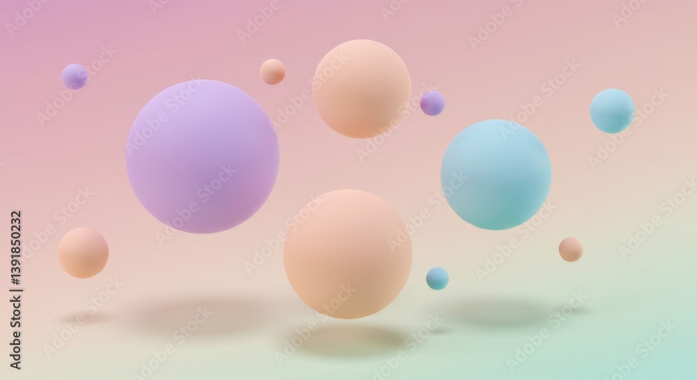 Poster pastel sphere abstract background design: floating colorful balls in soft gradient
