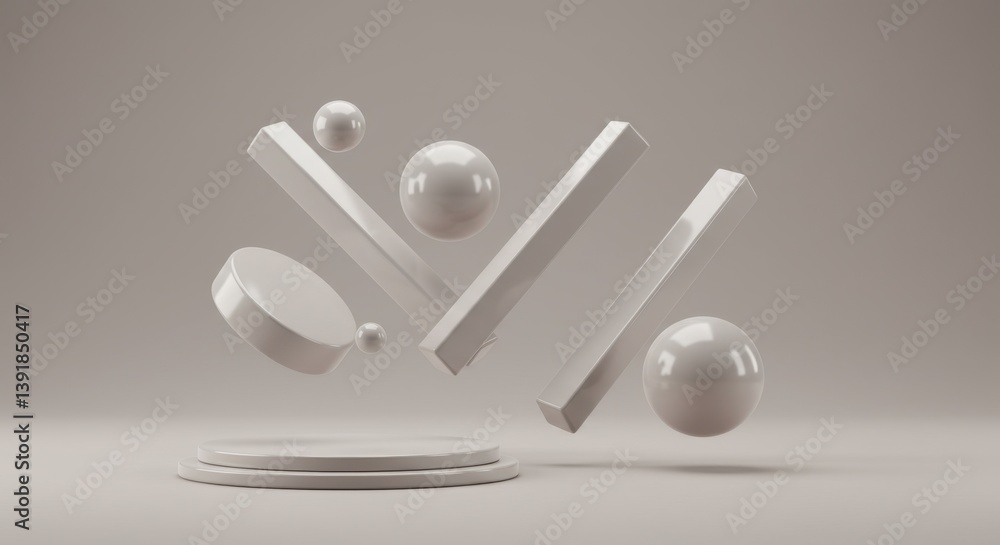 Poster abstract 3d render of floating white geometric shapes and cylinders on a platform against a neutral 