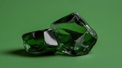 Fototapeta premium Two emerald-green,faceted,faceted gems or crystals, juxtaposed on a vibrant green background. A close-up view showcases their intricate facets and translucent qualities