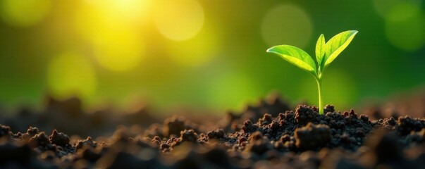 Green sprout emerging from earthy soil in bright sunlight, earthy, green, sunshine