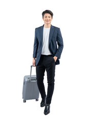 Full body image of young asian businessman pulling suitcase  