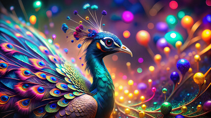 Colorful peacock with glowing feathers on fantasy background
