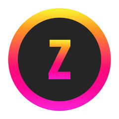 Stylized Lowercase letter z with neon gradient and dark circle background, perfect for tech branding, app icon, or modern digital media.