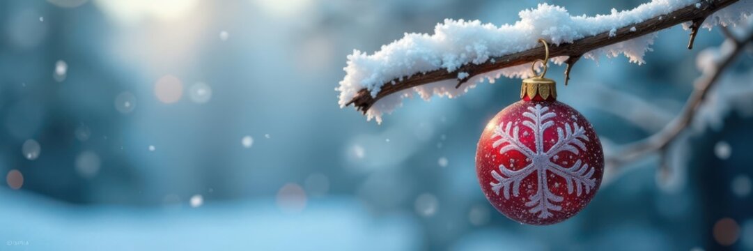 Icy snowflake ornament garland on snowy branch, holiday decor, decorative accents