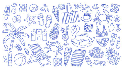 Mediterranean blue summer set. Hand drawn vintage doodle drawing. Summer vacation collection. Dolce vita drawings for cards, stickers, summer sale banner.
