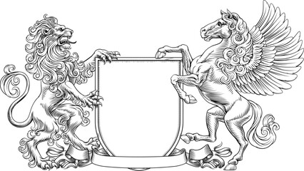 A heraldry crest lion and Pegasus winged horse family coat of arms heraldic shield emblem design in an old medieval vintage style