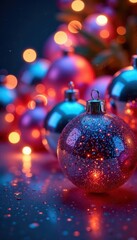 Iridescent spheres reflecting festive lights in a modern Christmas display , abstract, shimmering