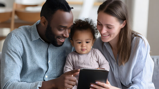 A man and a woman are sitting on a couch with a baby in front of them