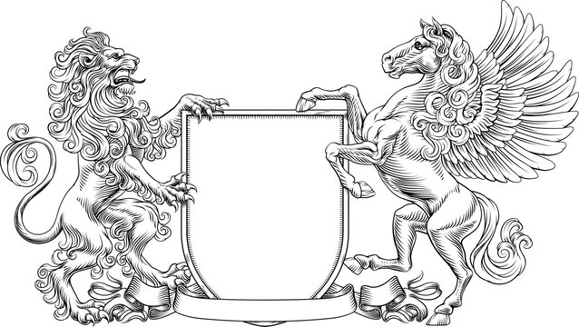 A heraldry crest lion and Pegasus winged horse family coat of arms heraldic shield emblem design in an old medieval vintage style