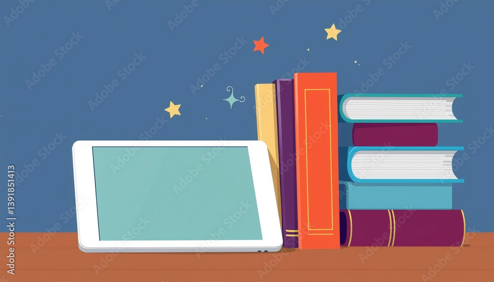 Poster e-learning concept with digital tablet and books in flat style