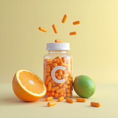 Illustration. Vitamin C supplements with an orange and a lime on a yellow background