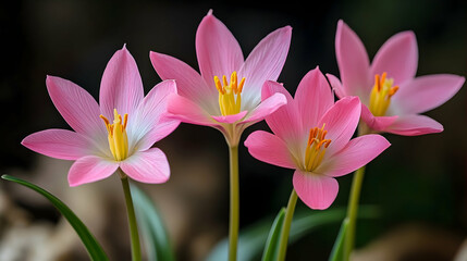 Fototapeta premium Pink rain lilies bloom closeup, garden background, nature photography, website use