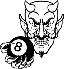 A devil angry mean pool billiards mascot cartoon character holding a black 8 ball.