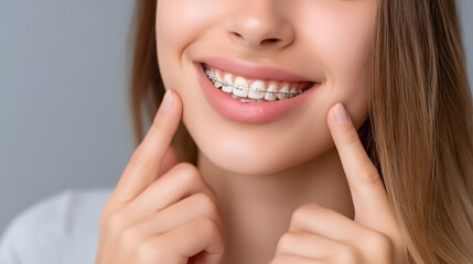 Fototapeta premium A woman with braces is smiling and showing her teeth