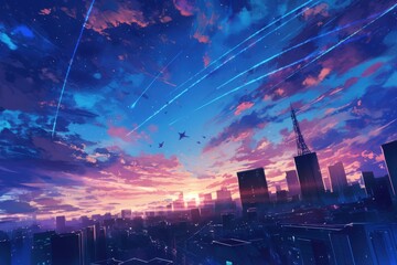 Fototapeta premium Stunning Dramatic Anime Style Sky at Dusk Filled with Blue Streaks and Vibrant Clouds over Urban Cityscape with Silhouetted Buildings