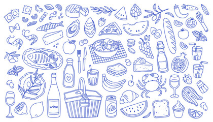 Mediterranean blue summer set. Hand drawn vintage doodle drawing. Family dinner, picnic, breakfast with wine, pasta and snacks. Dolce vita table setting drawings for cafe or restaurant menus design.