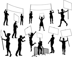 Protestors or demonstrators men and women. At a demonstration march, picketing line or strike protest rally in silhouette. Holding banners, picket signs and megaphone or mega phone.