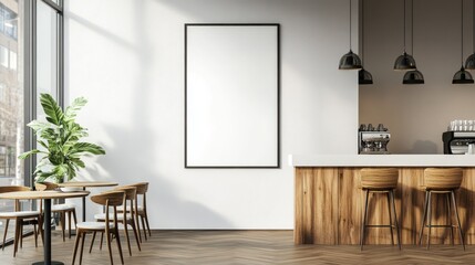 Modern cafe interior with blank poster, tables and chairs, coffee machine. Possible use Stock photo for design inspiration, architecture, or interior design