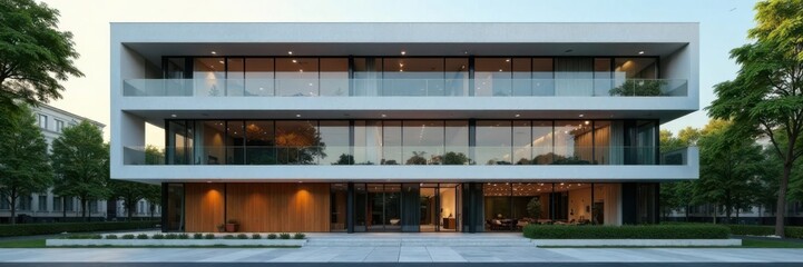 Modern office building with multiple floors, exterior featuring large windows and a sleek entrance, isometric, design