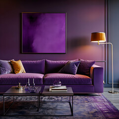 A luxurious living room featuring a purple velvet sofa, artwork, and modern floor lamp design style