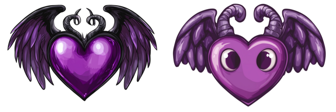  Set of a Purple heart with wings and horns, isolated on transparent background.