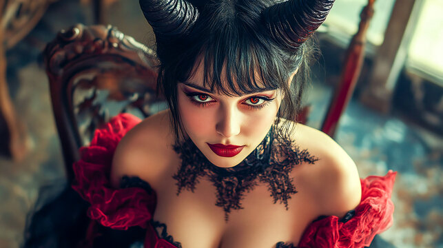 Vintage style illustration of a woman dressed as a halloween devil