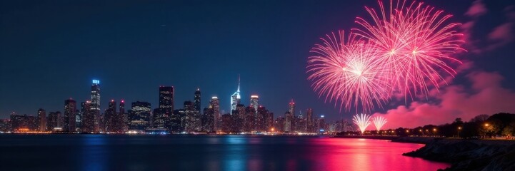 New Year countdown fireworks over city skyline at night, fireworks, skyline, festivities
